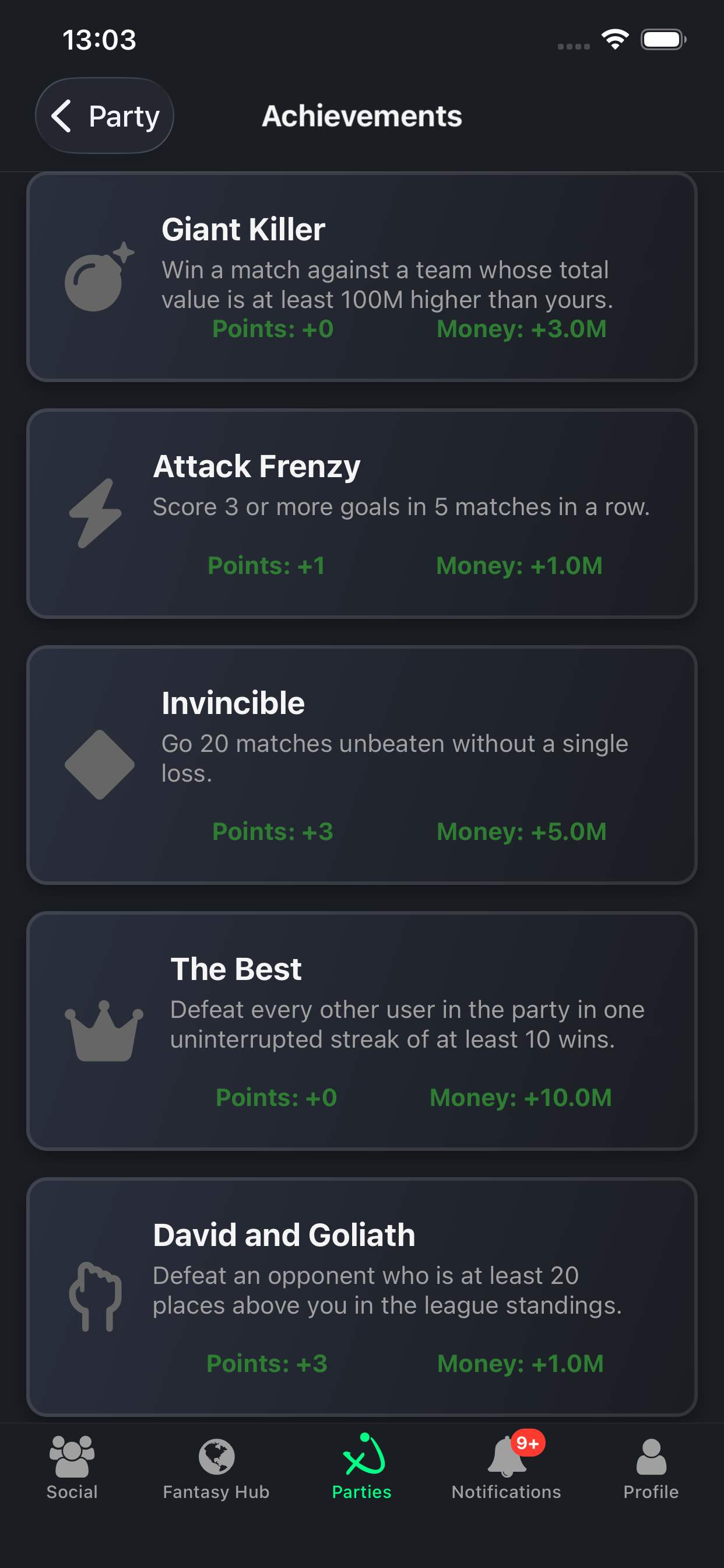 Achievements screen