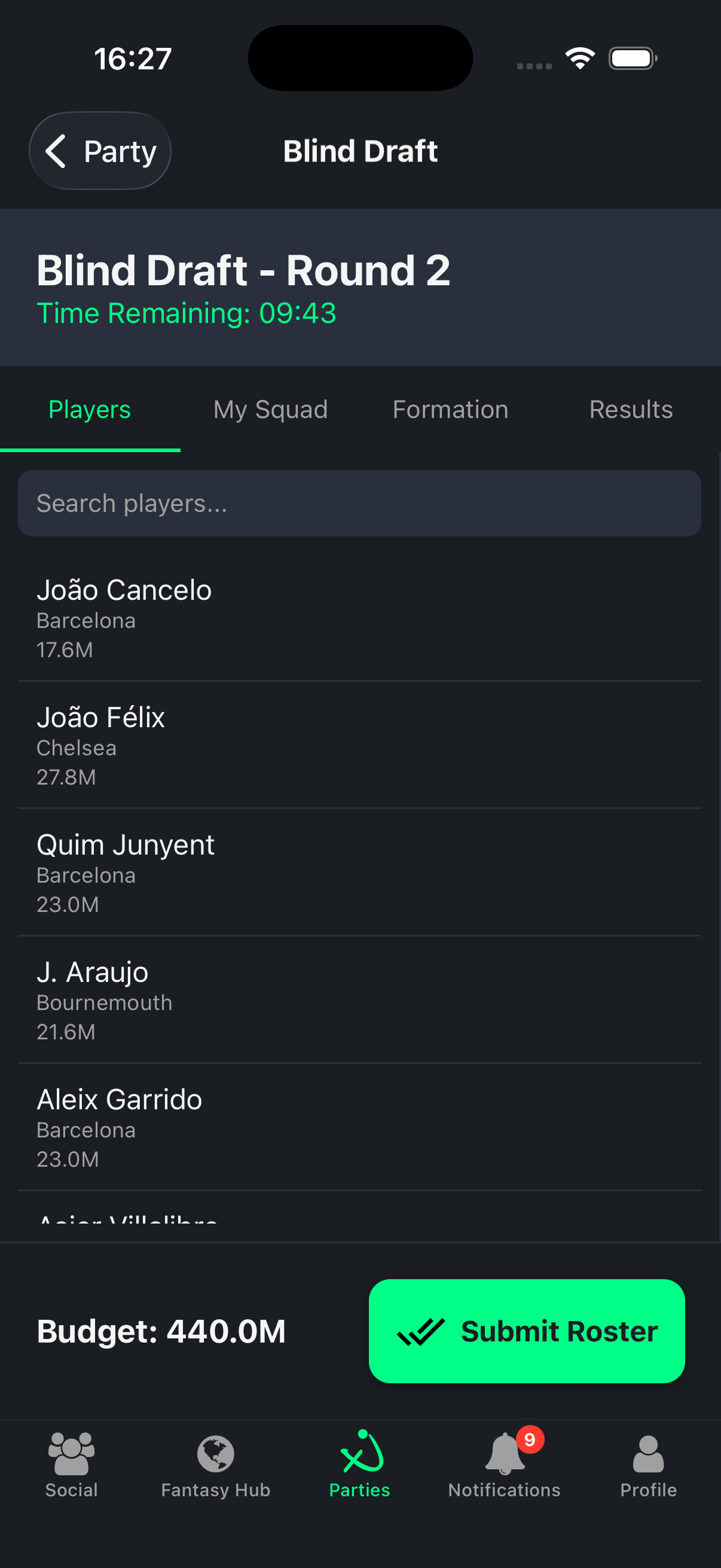 Blind Draft screen