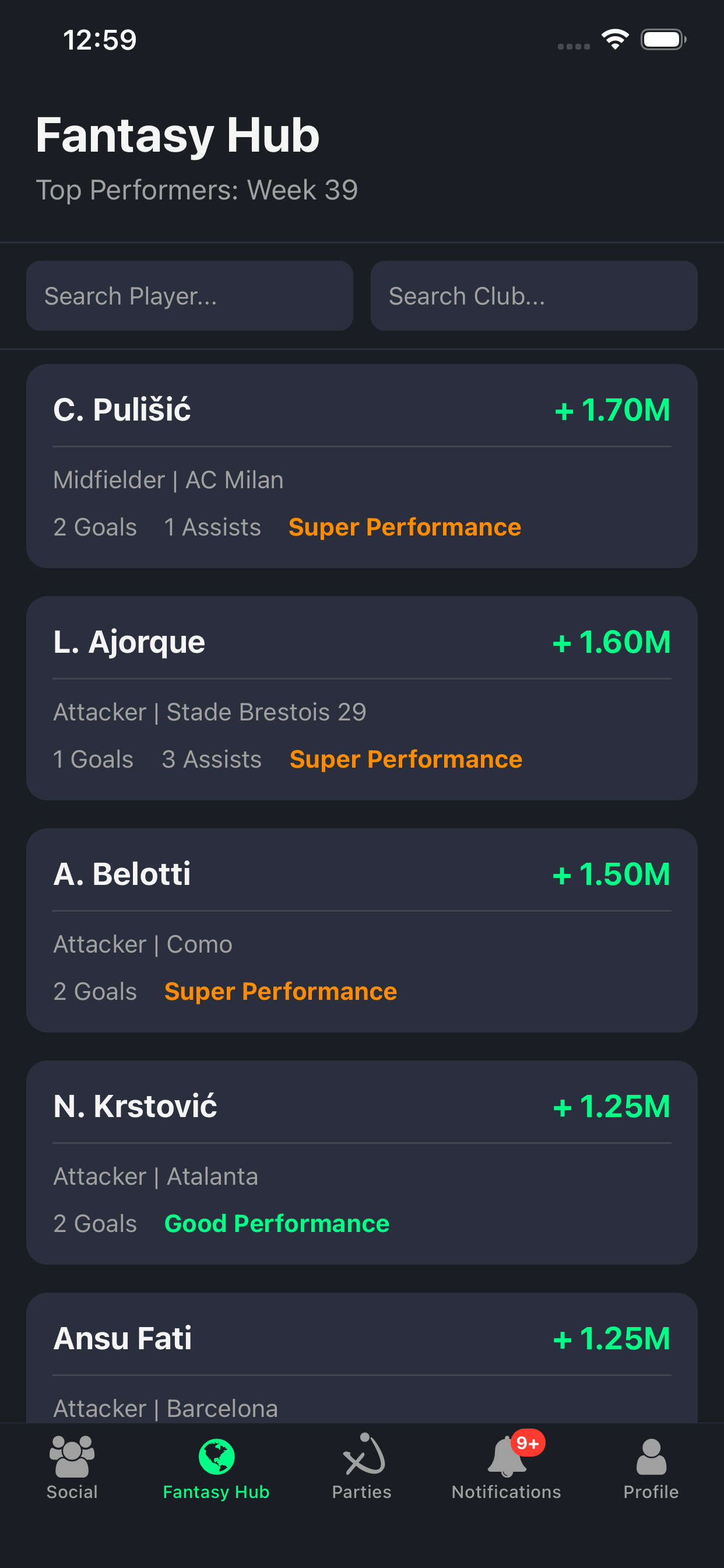 Fantasy Hub screen